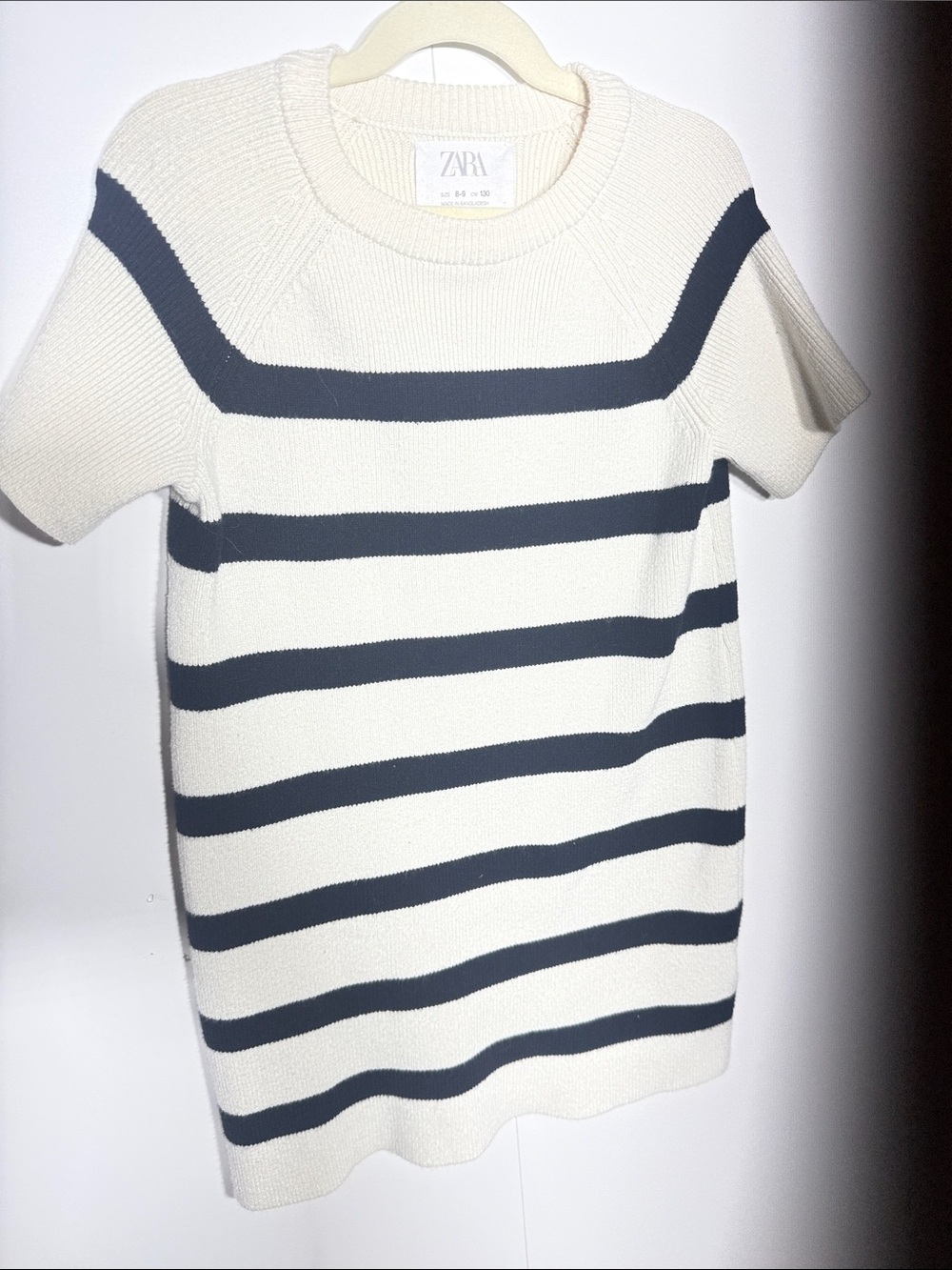 ZARA Cream and Navy Short-Sleeve Striped Knit Top